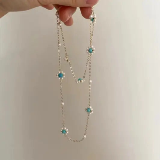 Turquoise Pearl Daisy Flower Necklace