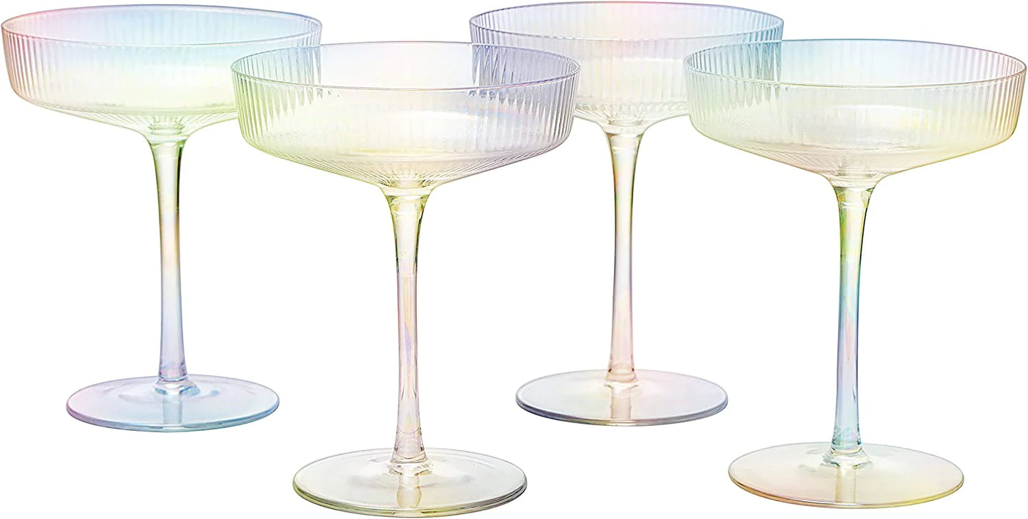 Ribbed Art Deco Iridescent Coupe Glasses