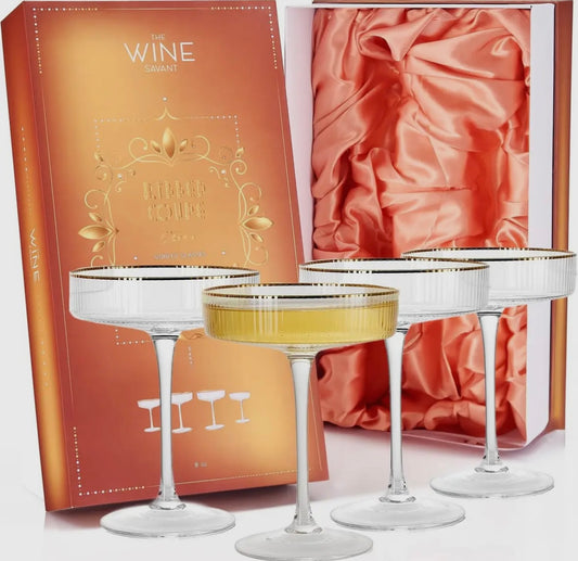 Ribbed Art Deco Gilded Crystal Coupe Glasses