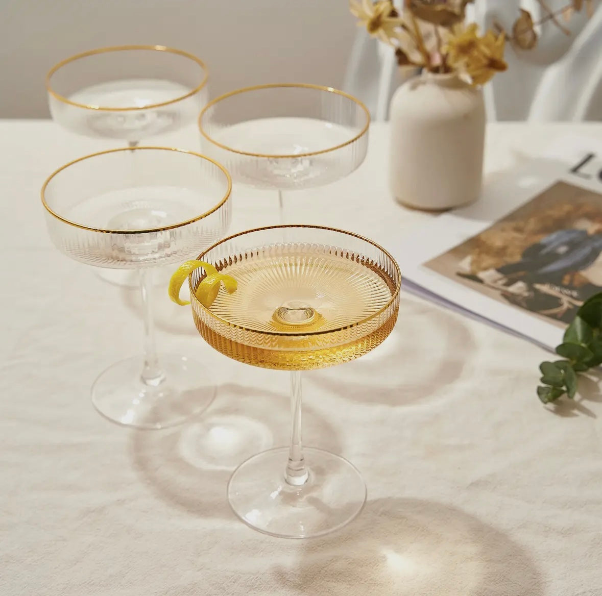 Ribbed Art Deco Gilded Crystal Coupe Glasses
