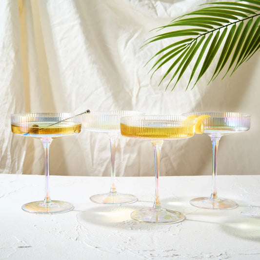 Ribbed Art Deco Iridescent Coupe Glasses